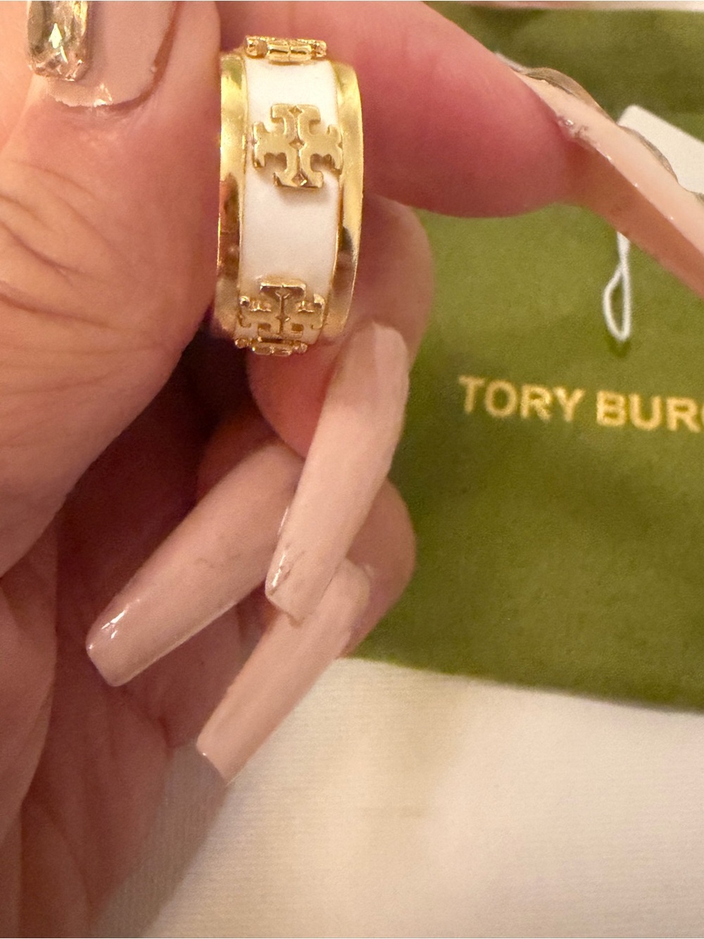 Tory Burch Gold and White Enamel Logo Band Ring Sz 7 AUTHENTIC